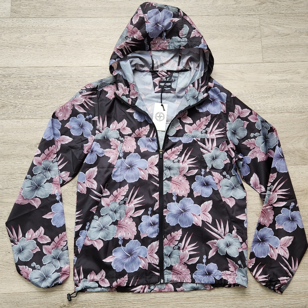 Sunrise Kingdom Black Pink Floral Windbreaker Womens Medium Nwt